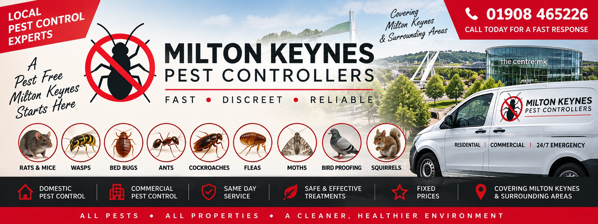 Milton Keynes Pest Controllers &mdash; local pest control experts covering
Milton Keynes and surrounding areas. Rats and mice, wasps, bed bugs, ants,
cockroaches, fleas, moths, bird proofing and squirrels. Domestic and commercial
pest control, same day service, safe and effective treatments, fixed prices.
Call 01908 465226.