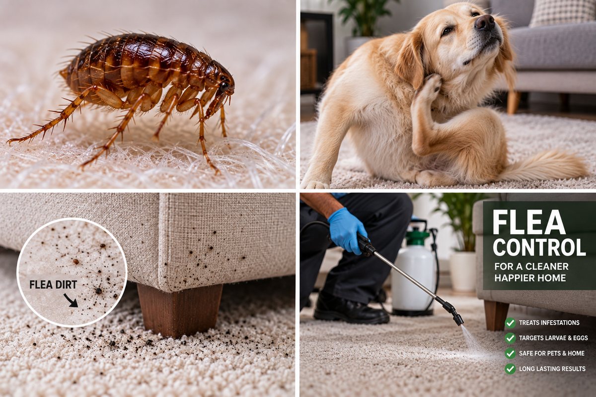 Flea control — a flea in carpet fibres, a dog scratching, flea dirt on upholstery, and a technician spraying a carpeted floor