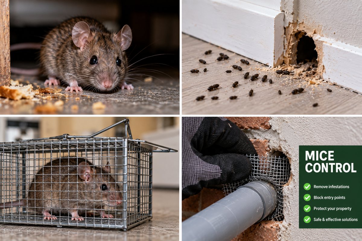 Mice control — a mouse by food debris, droppings and a gnawed hole at a skirting board, a mouse in a humane trap, and a blocked entry pipe