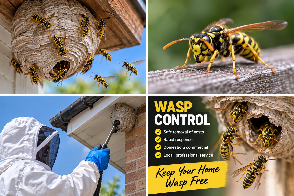Wasp control — wasps at a nest under a soffit, a common wasp on timber, and a technician in a bee suit treating a nest at eaves level